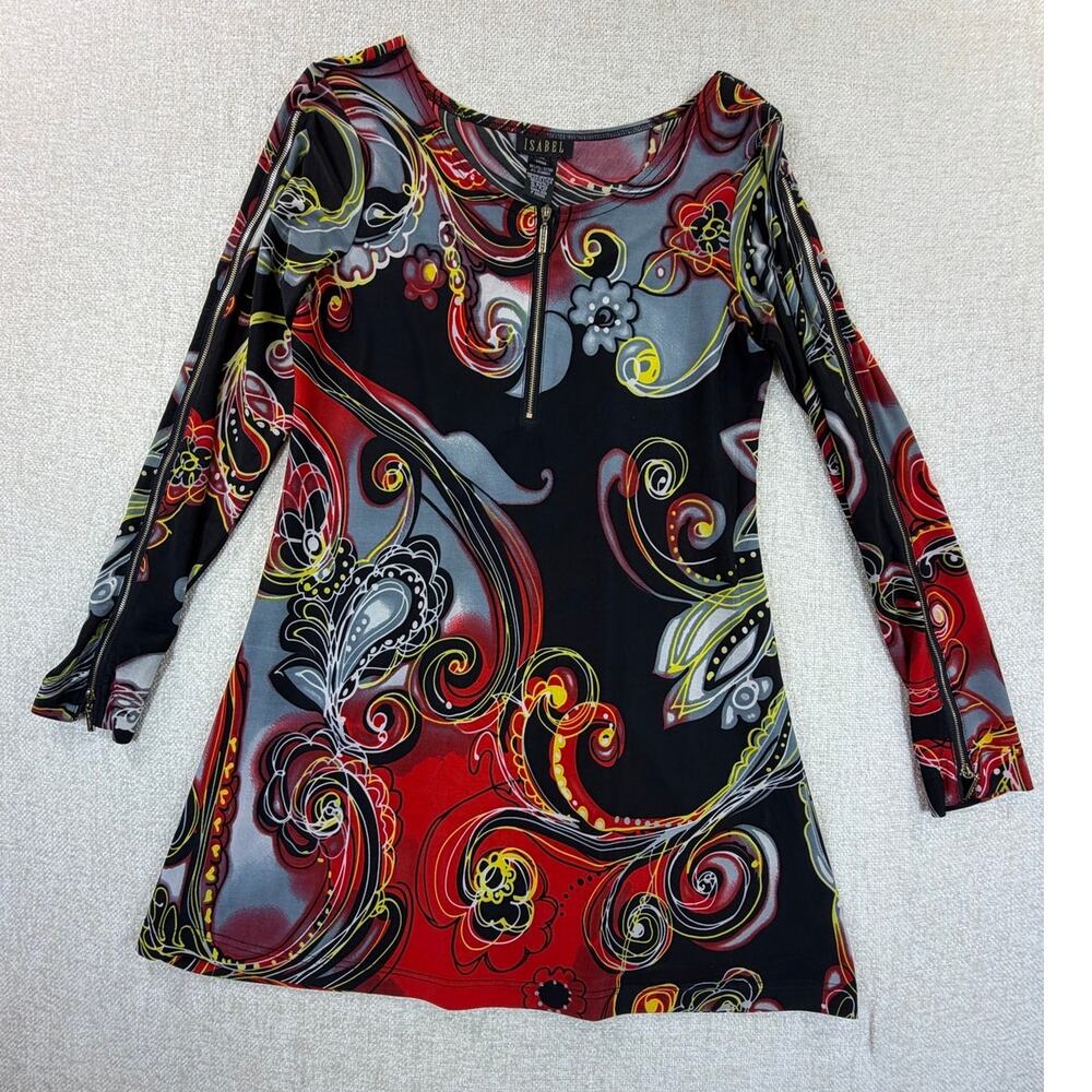 Isabel Women Medium Black Floral Scroll Print Quarter Zip Long Sleeve Casual Top